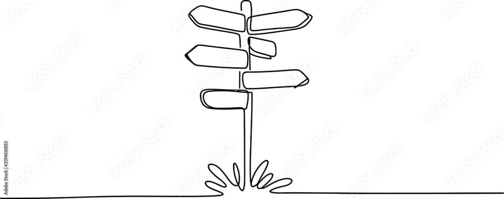 Continuous line drawing of a signpost with multiple arrows pointing in different directions from grass.