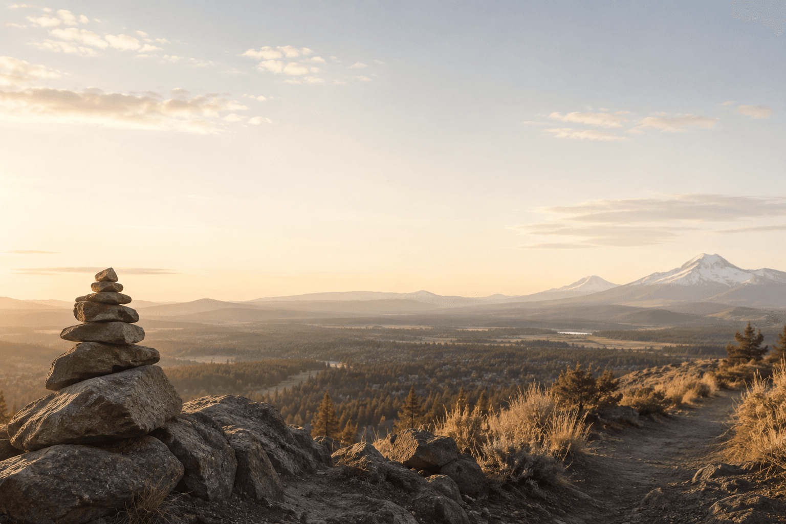 Rock cairn on a ridge overlooking a forested valley and snow-capped mountains at sunset.