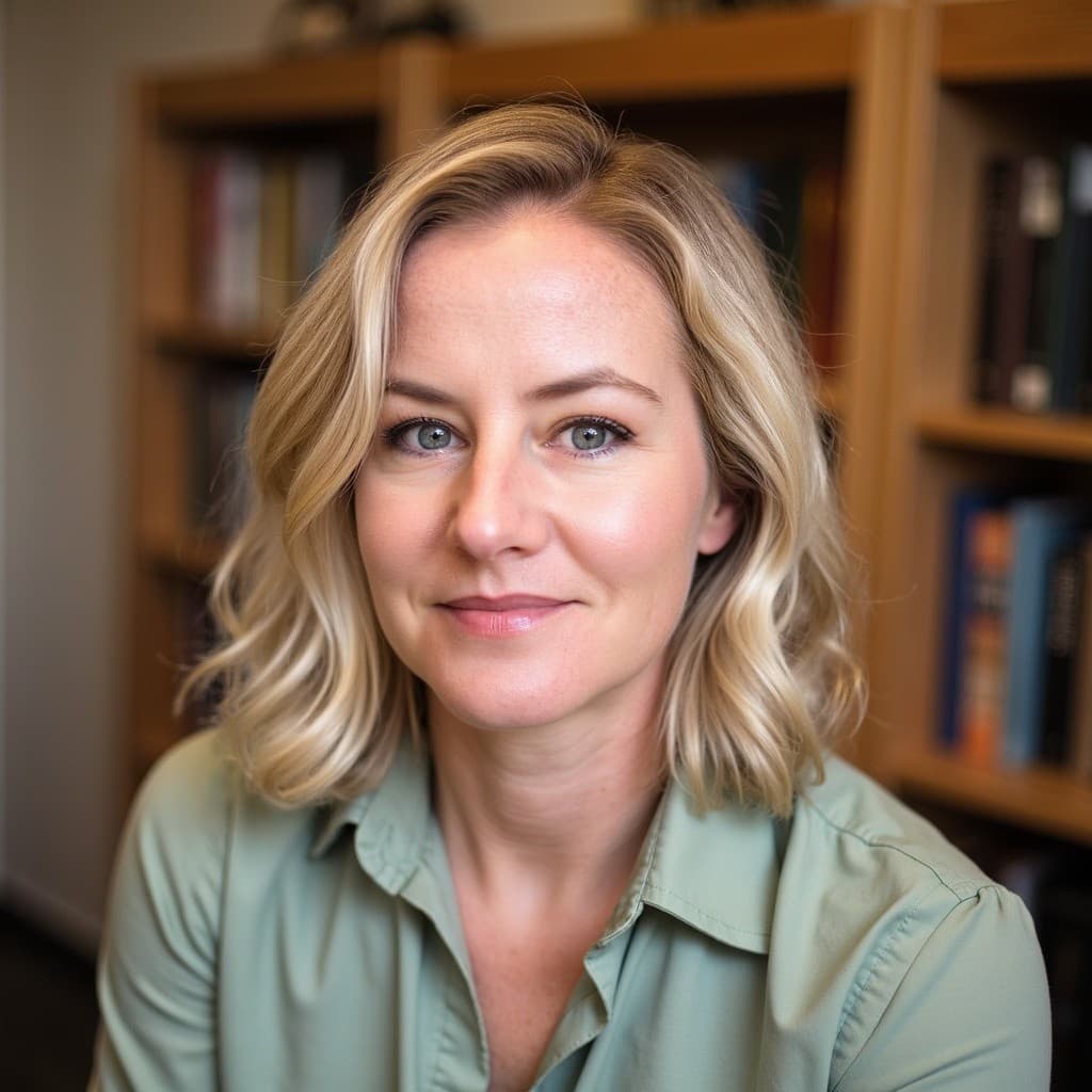 Blonde woman with wavy hair wearing a light green shirt, sitting before a blurred bookshelf.